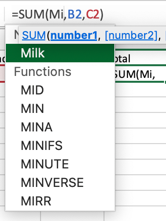 A screenshot of seeing the Excel cell's name show up when typing in the formula bar