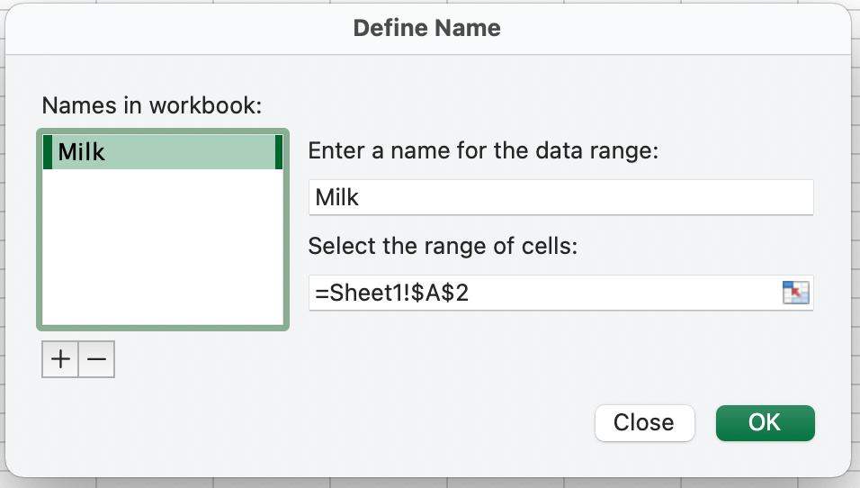 A screenshot of giving a cell a name from Excel