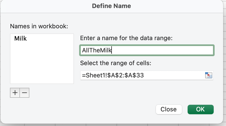 A screenshot of giving a cell range a name from Excel